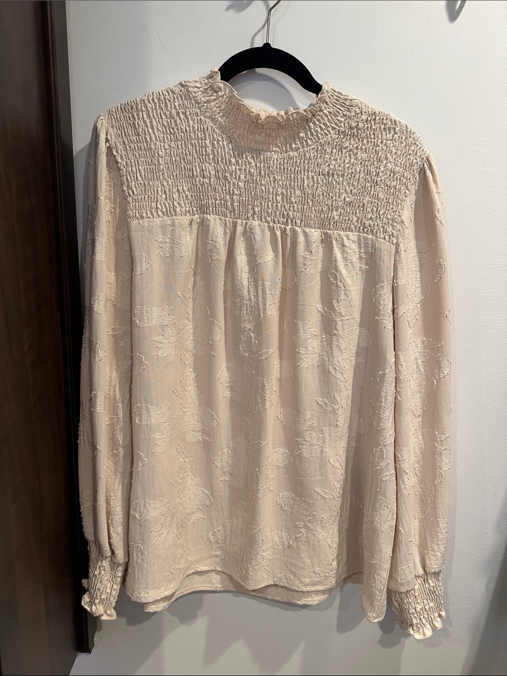 Source Unknown Cream Smocked Neck Textured Floral Blouse